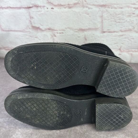 Chanel $1450 Wool Lace Up Black Biker Ankle Boots 9 - Picture 10 of 13